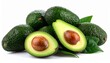 © timeh - A vibrant pile of whole and halved fresh green avocados with large seeds and leaves, isolated on a bright white background for healthy eating