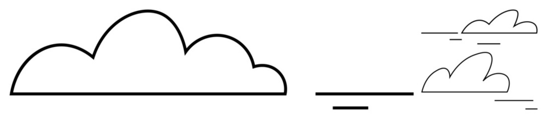 Large stationary cloud and multiple smaller drifting clouds with motion lines. Ideal for weather apps, technology growth, efficiency, speed, communication, data storage, simple landing page