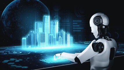 Wall Mural - robot hominoid use laptop and sit at table for global network connection using ai thinking brain , a