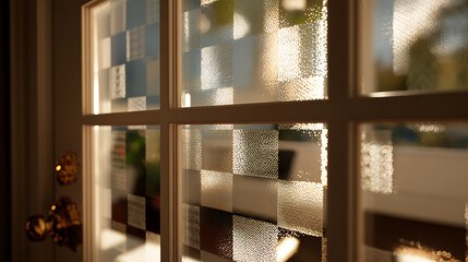 Wall Mural - Blurred View Through a Grid Patterned Glass Door