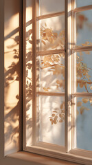 Wall Mural - Golden Sunlight Through Window Pane Casting Leaf Shadows