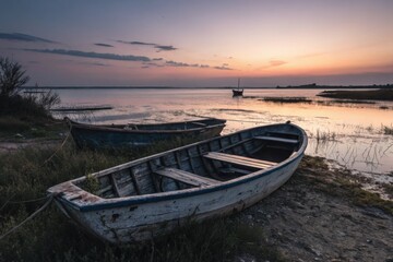 Naklejka na meble Two Wooden Boats on Shoreline at Sunset