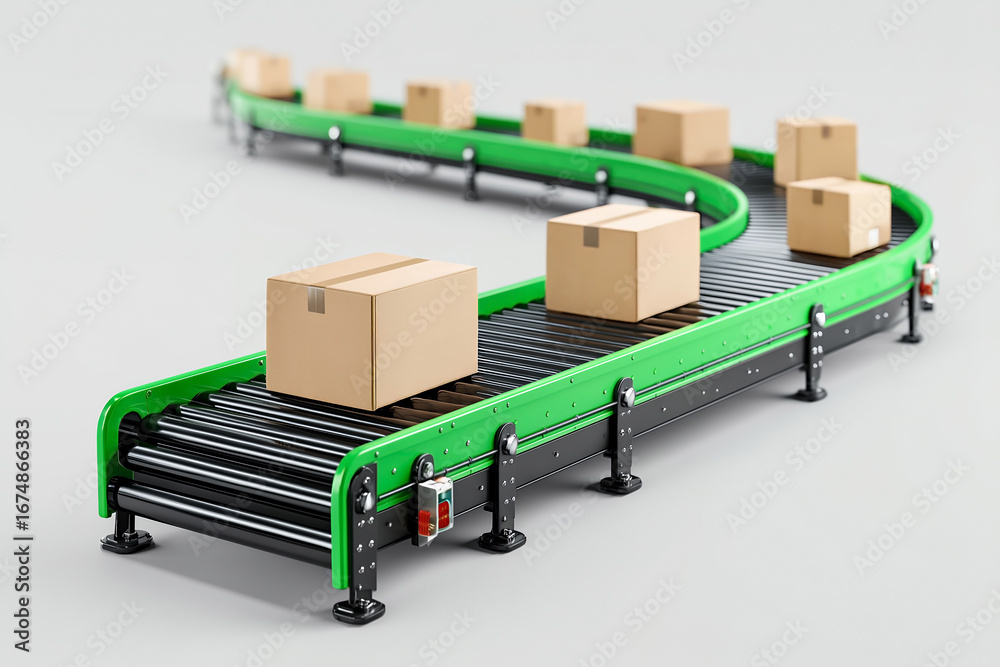 Automated green conveyor belt system transporting cardboard boxes in ...
