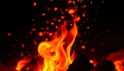Wall Mural - Close-up of fiery sparks against a dark background, glowing embers,  ignition,  yellow