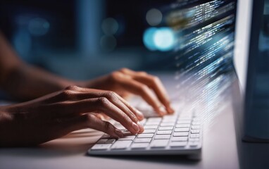 software developer typing on a keyboard, with streams of code flowing from the computer in a dimly l