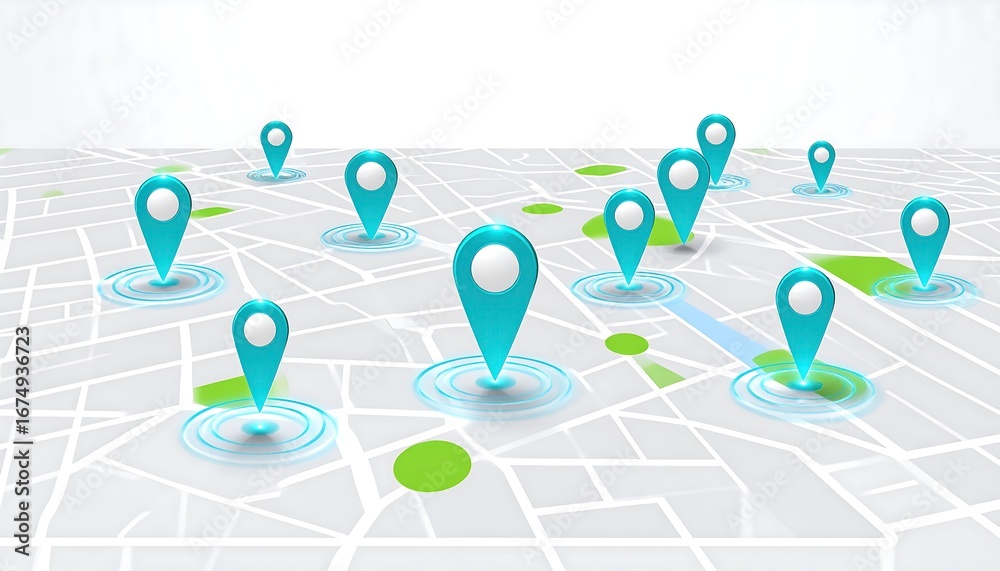 Cyan Location Pins with Pulsing Radius Rings on a Detailed Map ...