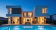 © phj.domingos - Stunning modern luxury villa at night, illuminated with warm interior lights, featuring a large swimming pool in the foreground and sleek architectural design, embodying sophisticated living