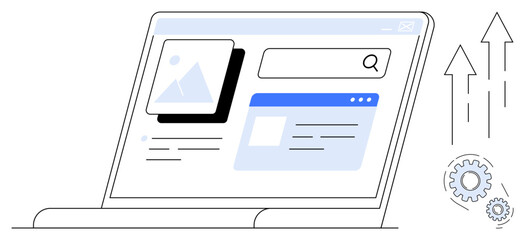 Laptop displays search bar, image preview, and interface widget with upward arrows and gears. Ideal for online research, SEO, analytics, innovation, technology, strategy simple flat metaphor