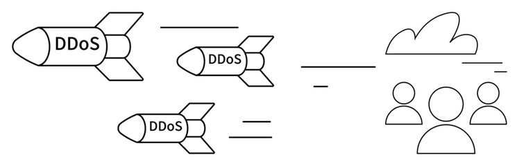 Wall Mural - DDoS-labeled rockets flying toward a cloud and user icons, symbolizing cyberattacks. Ideal for cybersecurity, network protection, IT threats, anti-DDoS strategy, tech defense, online safety, simple