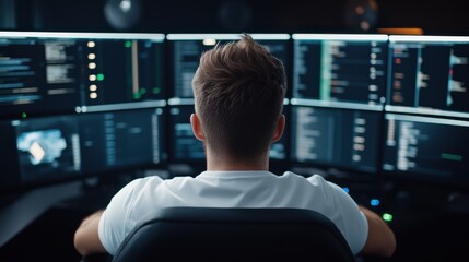 Focused Programmer Working on Multiple Screens with Code and Data