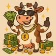 © MC Portfolio - cow mascot wearing sunglasses and gold chain with dollar sign surrounded by cash stacks and coins wealth finance money success illustration