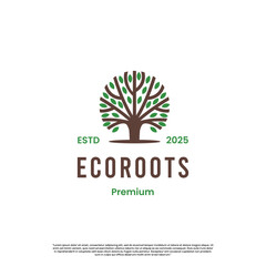 Wall Mural - Nature inspired eco tree roots logo design with green leaves and brown trunk.