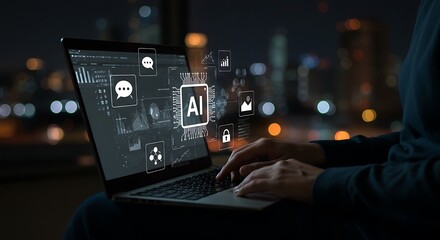 Person working on laptop at night, AI interface displayed, showcasing data analysis and communication.