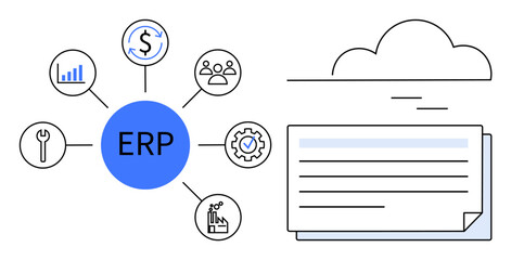 ERP diagram with central hub linking finance, analytics, tools, workforce, production, and gear. Connected to a cloud for seamless processing. Ideal for workflow, automation integration