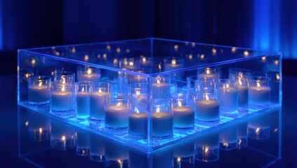 Lit candles in acrylic box