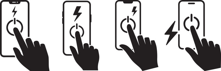 Smartphone touch screen vector illustration showing hand pressing power button with lightning bolt symbol representing mobile technology, charging, energy, app interface, and digital control