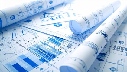 detailed engineering schematics and architectural blueprints for a modern construction design concep
