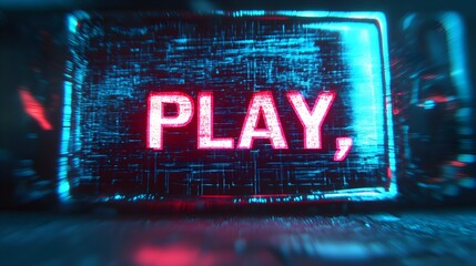 Glowing red PLAY button on digital screen play video