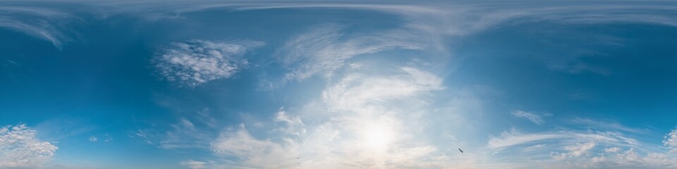Wall Mural - sky 360 panorama - bright blue sky filled with fluffy white cumulus clouds. seamless hdr spherical 3