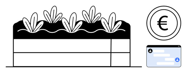 Plants sprouting in soil, Euro currency icon, and an online payment interface. Ideal for agriculture, fintech, investment, technology, eco-business, sustainability and a simple landing page