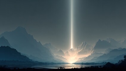 Radiant beam pierces a misty mountain range