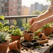 © Ko - 베란다에서식물돌보는손의모습
