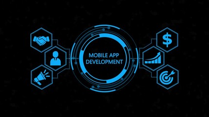 MOBILE APPS DEVELOPMENT on the virtual display ,new business concept. Abstract technology virtual screen background. Hi tech motion graphic background, white flickering dots on background