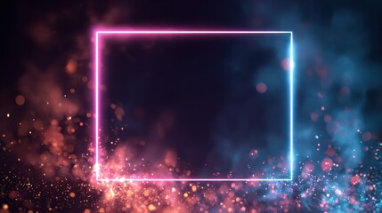 Wall Mural - A glowing blue and pink neon frame on a dark background with sparks