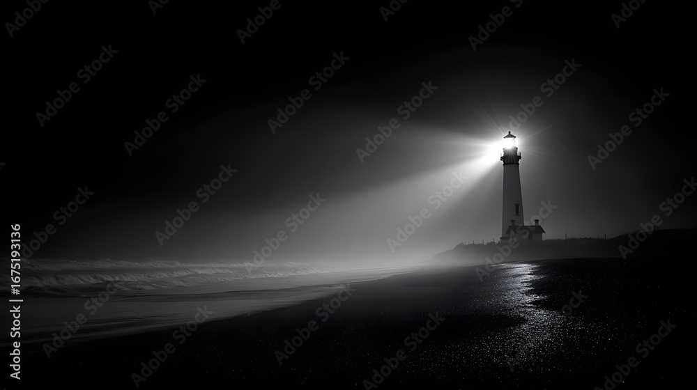 A solitary lighthouse pierces the dark night, its beam a beacon of hope ...