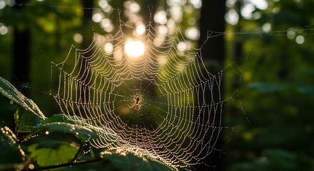 Spiderweb glistening with dew in forest sunlight