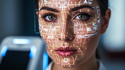 Woman's Face with Futuristic Digital Overlay - Close-up shot of a young woman's face with a projected digital interface overlaying her skin, showing lines of code and data.