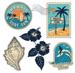 © Muhammadkhan - Summer ocean print, tropical sea set, vector hand drawn coastal blue post stamp beach sign design. Hawaii surf sun logotype, shell silhouette, exotic nature plant vintage sticker. Travel summer print
