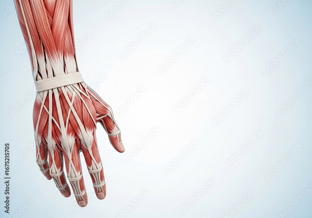 Medical model of a human hand anatomy with exposed tendons and wrist ...