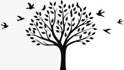 silhouette of a tree with leaves and birds flying around it in a minimalist black and white design s