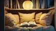 © SMART.art - reading nook with overstuffed cushions hanging paper lantern open book awaiting reader quiet serenity illustration concept scene visual for commercial design use high detail quality stock image illust