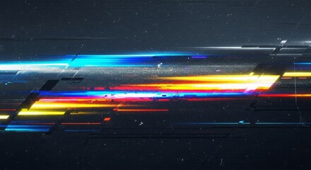 Wall Mural - Abstract glitch art with vibrant colors and geometric shapes on dark textured background with noise effect style