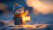 © Nurshafinaz - Cheerful Snowman with Lantern in Winter Snowy Background at Dusk