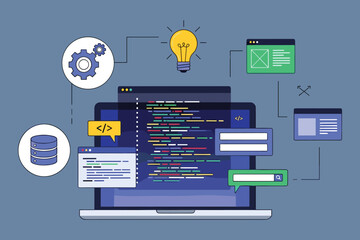 Vector Illustration of Software Development Process on a Laptop with Coding Elements