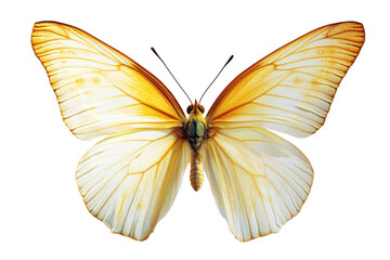 Apricot sulphur butterfly displays vivid yellow wings isolated on a white background, showcasing intricate patterns and fine details of its anatomy