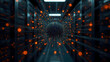 © ATime7Day - N8n system that creates automated workflows inspires dynamic digital networks. Glowing particle illustrate complex data flow, showing future