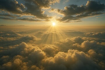 Wall Mural - Heavenly Ascent: The radiant sun bursts forth, its golden rays piercing through the ethereal clouds, painting the sky with a spectrum of warm colors and casting an awe-inspiring vista.