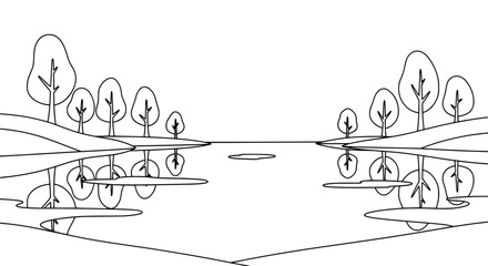 Naklejka na meble Minimalist landscape with trees and water with transparent background