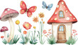 © Sharif - Whimsical watercolor illustration of a fairytale mushroom house with fluttering butterflies and delicate wildflowers in a magical forest setting