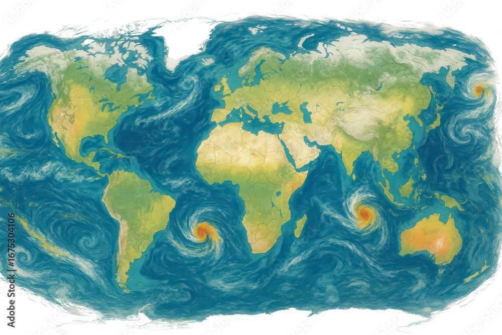 Artistic world map illustration with swirling ocean currents and ...
