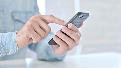 close-up using internet social media apps at home. Shopping online using smartphone touch screen typing scroll