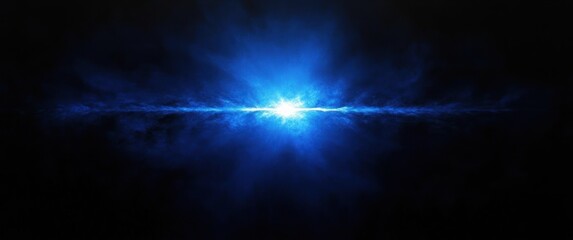 Wall Mural - Bright blue light burst with radiant glowing energy and smoky textured beams spreading horizontally against a dark background, creating a cosmic and dynamic effect