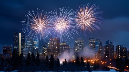 Spectacular fireworks exploding over a modern city skyline at night. Festive celebration event with glowing buildings and trees.