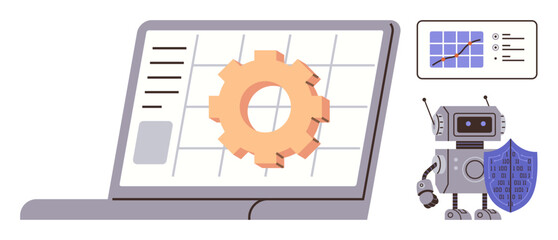 Laptop screen displaying gear interface and data metrics, robot holding shield, symbolizing tech safety and AI efficiency. Ideal for automation, cybersecurity, AI tools, analytics, innovation