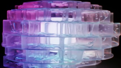 Multicolored, transparent glass cube sculpture with gradient lighting.