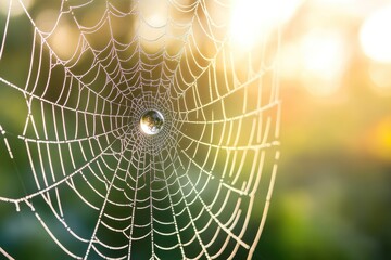 A dew-covered spiderweb glistens in the morning sun, reflecting the surrounding nature.